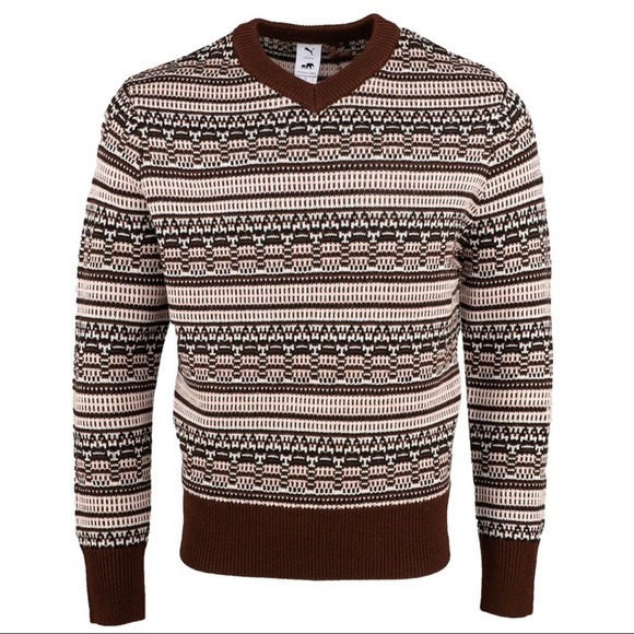PUMA  X Bkc Knitted Graphic VNeck Long Sleeve Sweater Mens Brown  63071701 Large - Picture 1 of 4